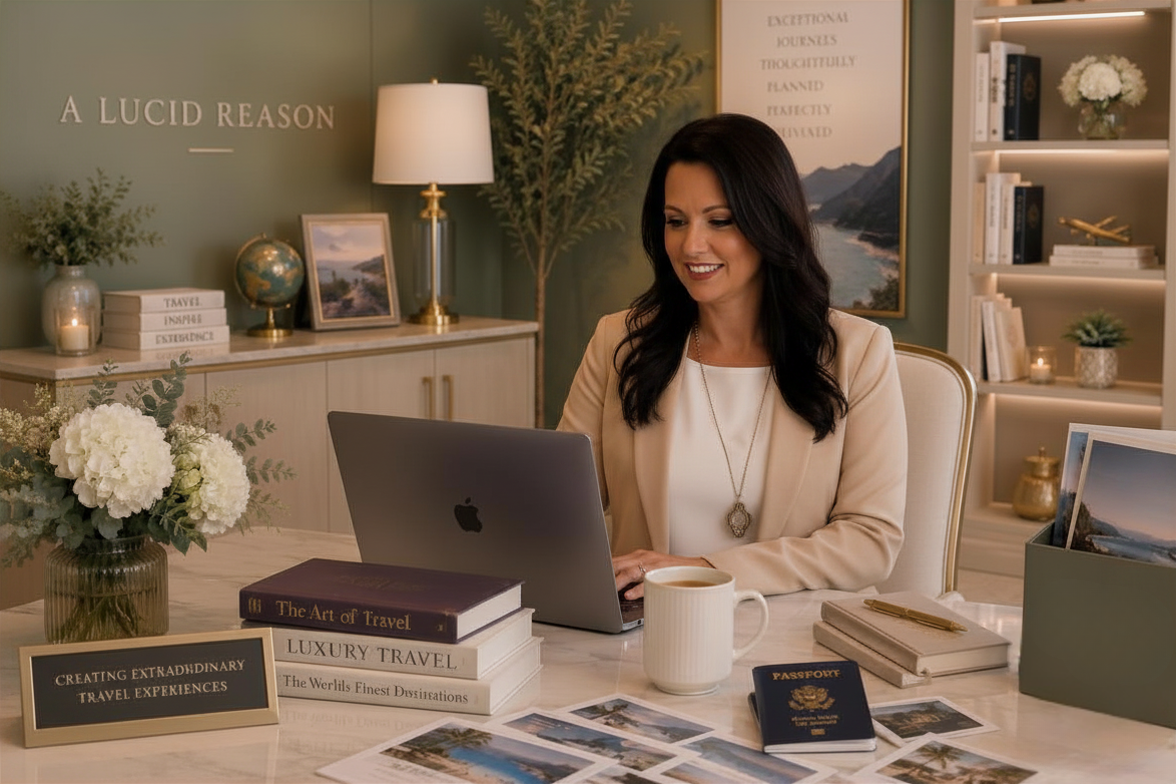 Luxury travel professional working at an elegant desk