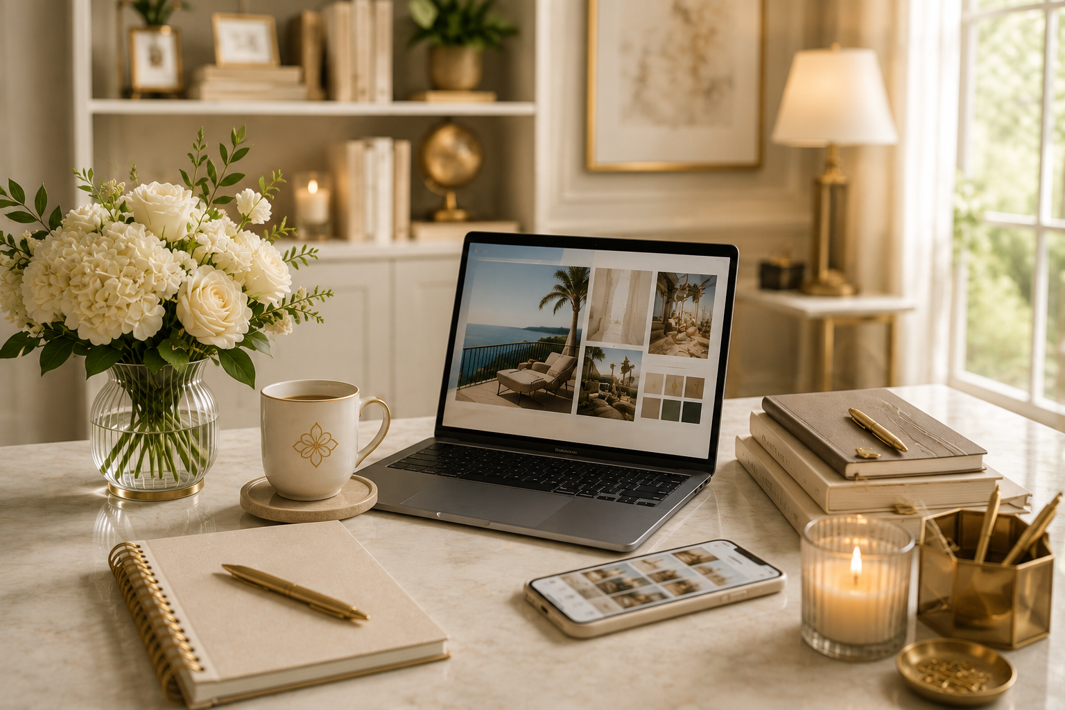 Luxury workspace with laptop, content calendar, and social media planning materials